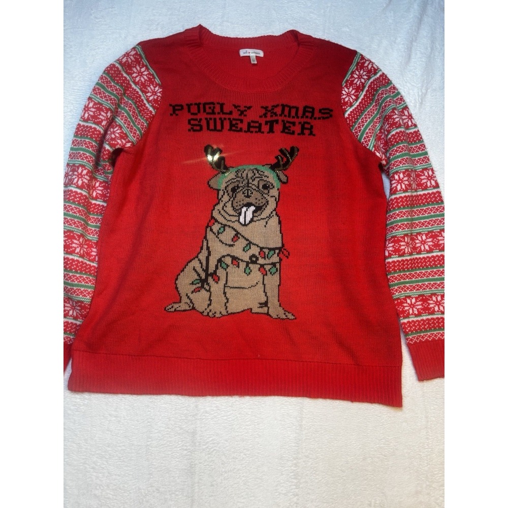 Pugly Christmas Sweater 1X XL Holiday Pug Dog Crewneck Sweater Red Ugly‎
